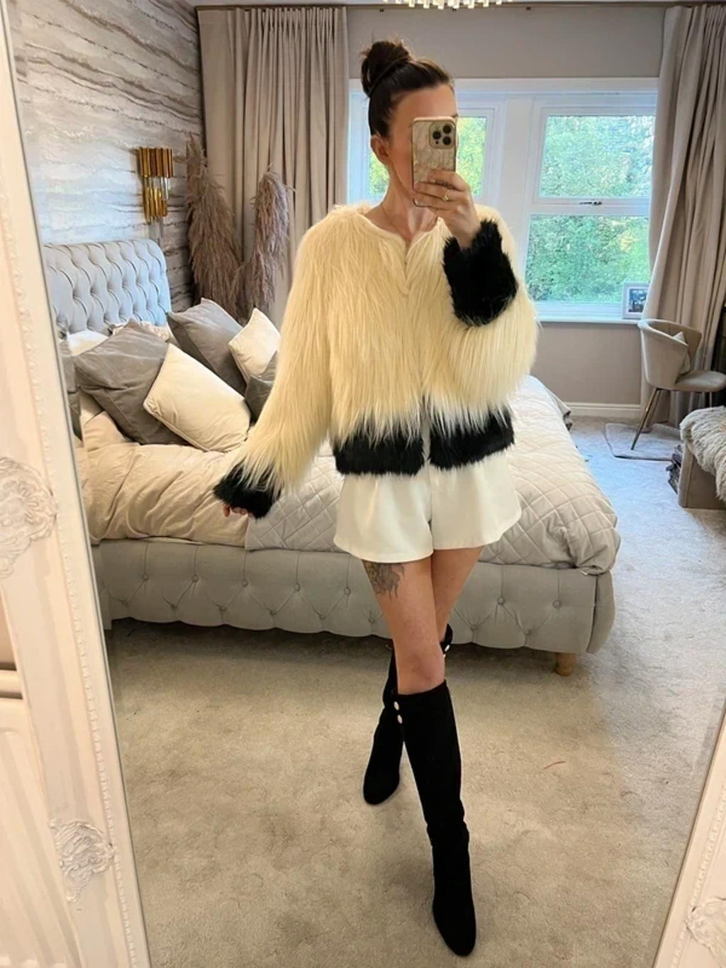 BNWT Unreal Fur Australia Cream & Black Faux Fur Coat Medium