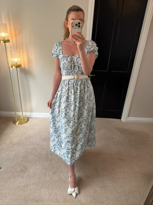 H&M White & Blue Floral Midi Dress Small