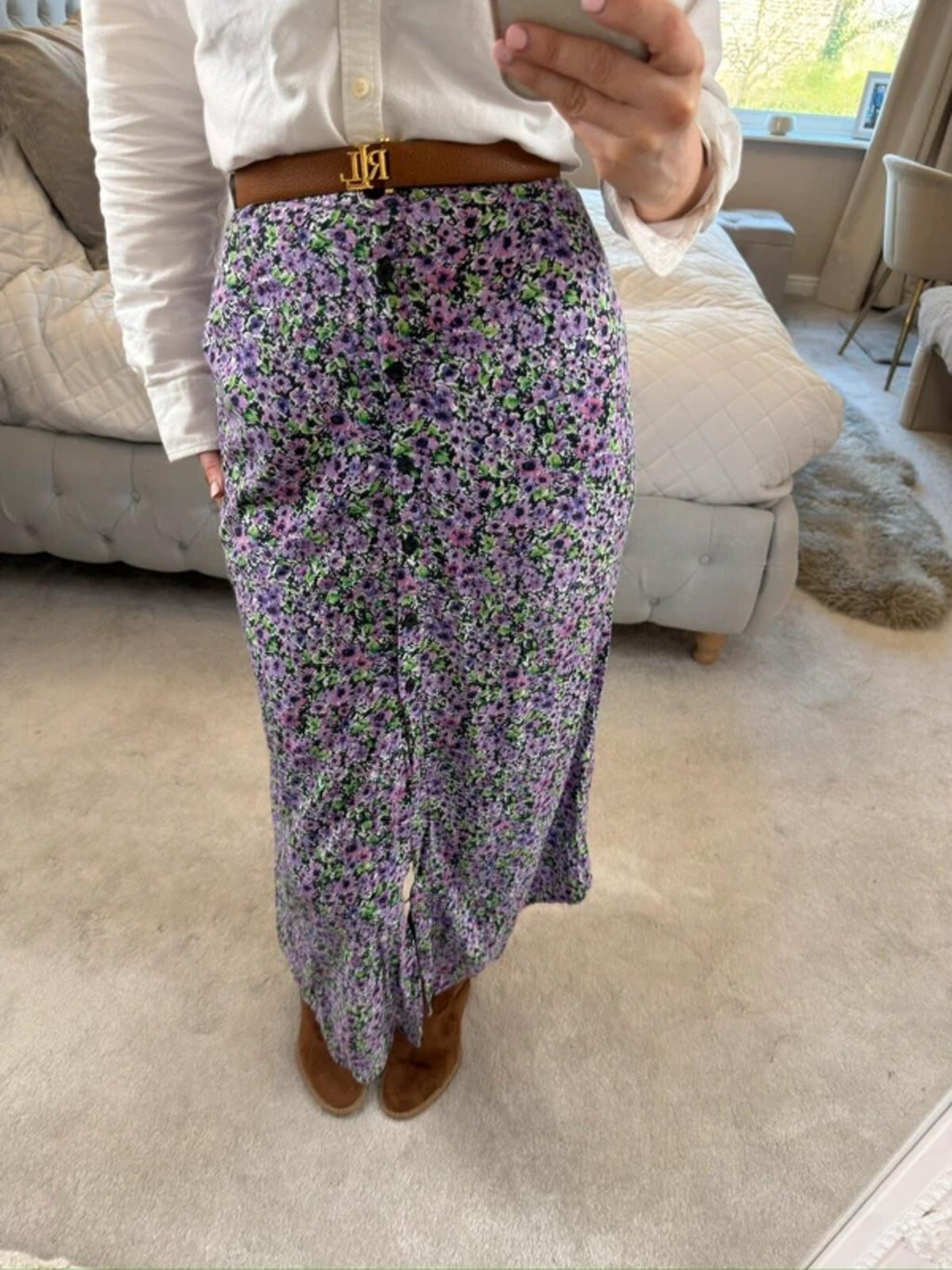 Motel Purple Floral Midi Skirt Large