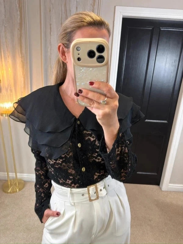 Vintage Linea G Black Lace Frill Blouse 8