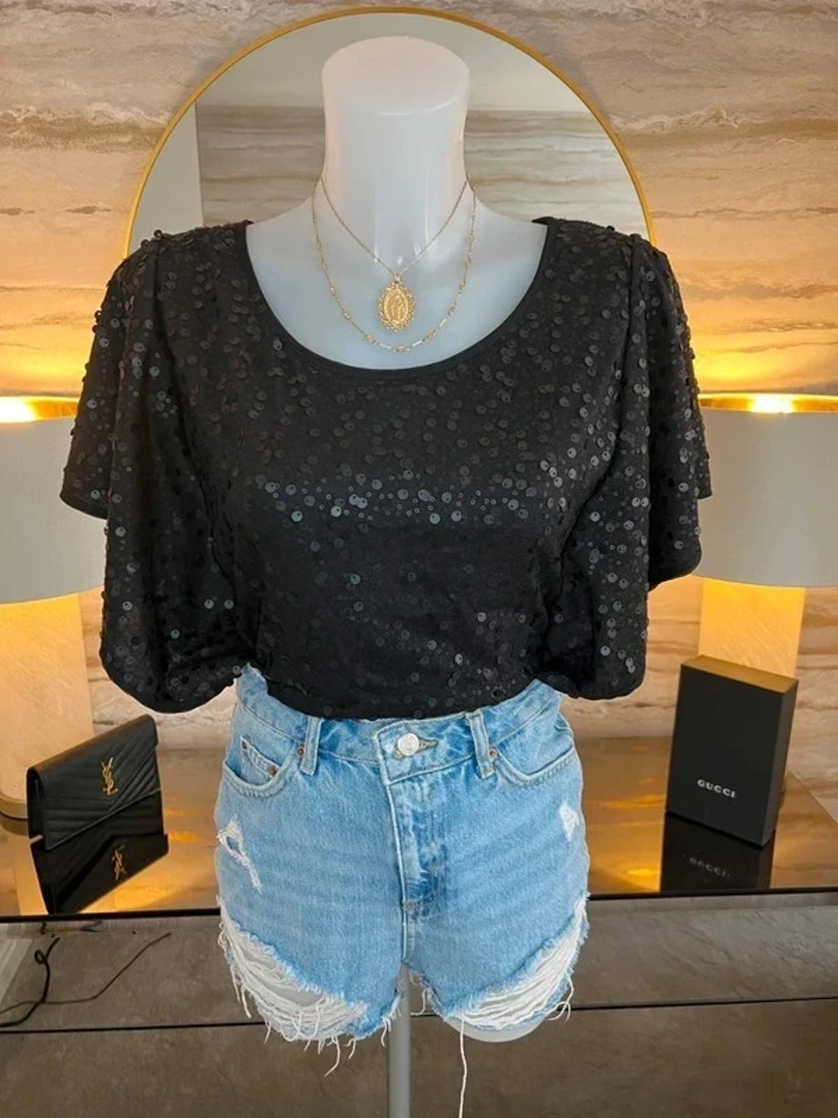 Eci New York Black Sequin Blouse Large
