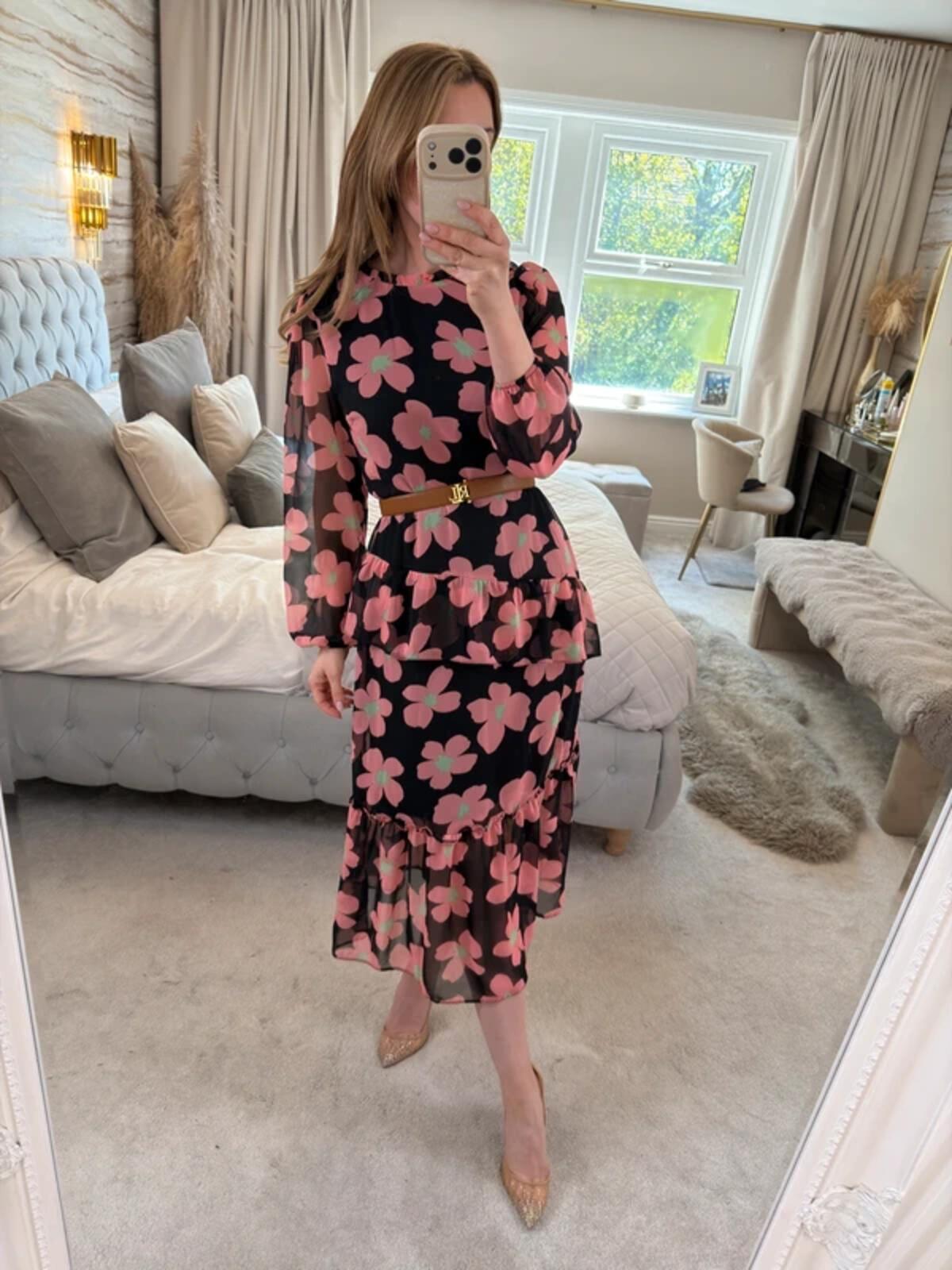 Miss Selfridge Black Floral Frill Tiered Midi Dress 10/12