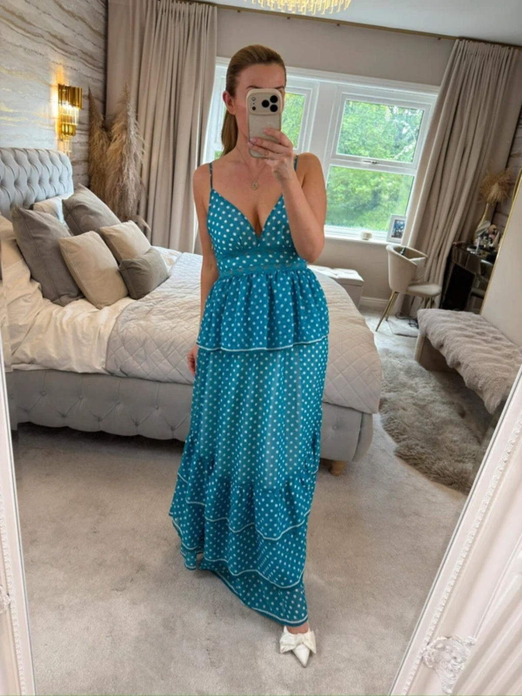 Golden Days Teal Blue & White Polka Dot Tiered Maxi Dress 8