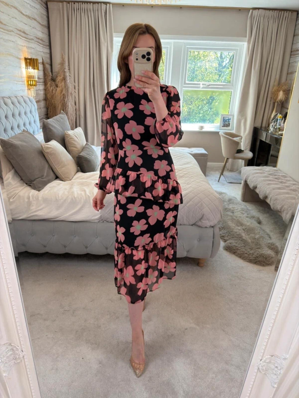 Miss Selfridge Black Floral Frill Tiered Midi Dress 10/12