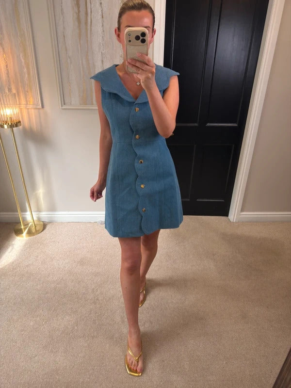 BNWT Vita Grace Sharna Scallop Hem Denim Mini Dress Size Medium