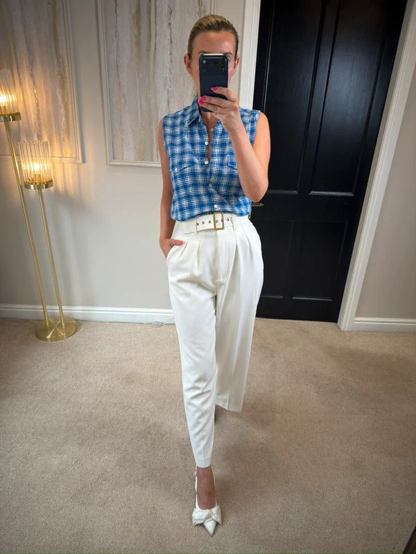 Vintage Etam Blue Check Sleeveless Shirt Size 10