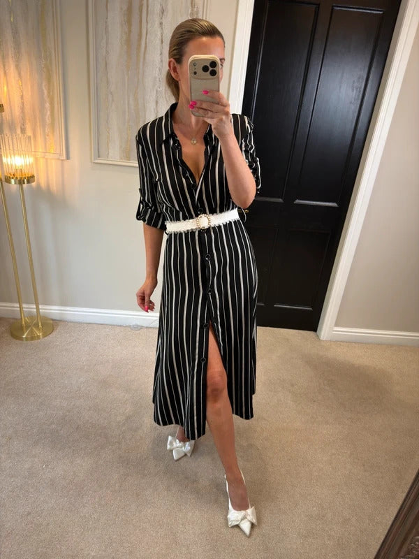 Riani Black & White Striped Shirt Dress Short Sleeve Size 10