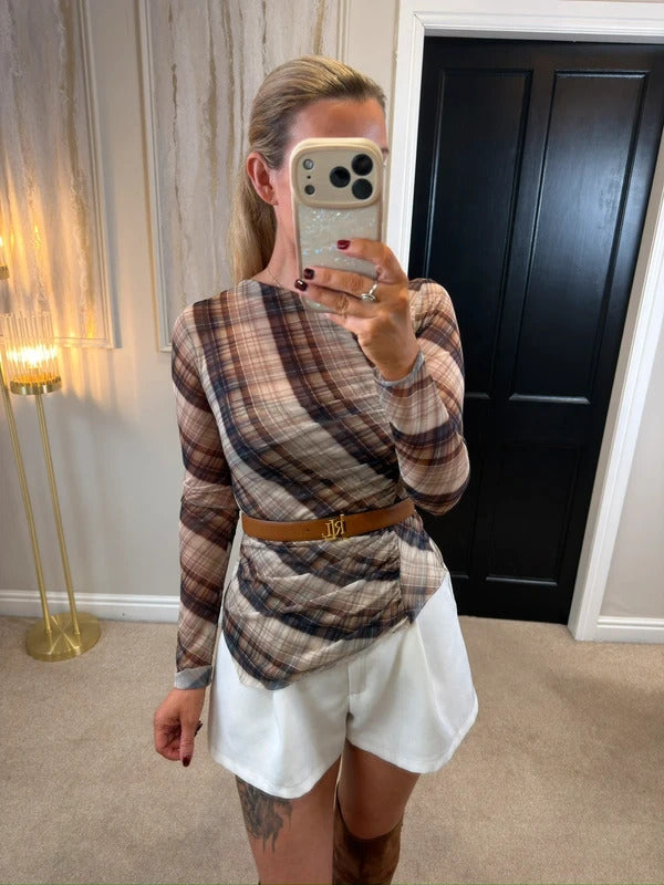 Zara Brown Semi Sheer Asymmetrical Top Small