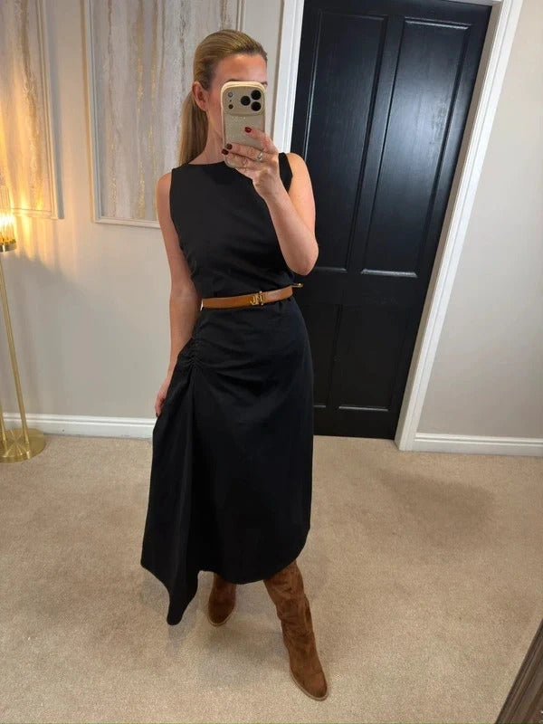 Cos Black Asymmetrical Ruched Dress Medium