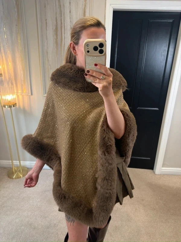 Boutique Brown Tweed Wool Blend Faux Fur Poncho One Size