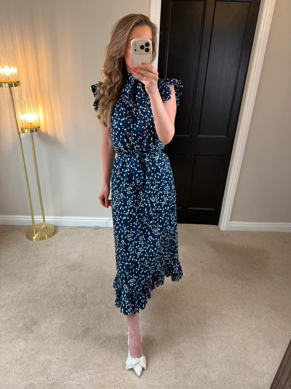 Anne Louise Boutique Navy & White Heart Frill Midi Dress 10