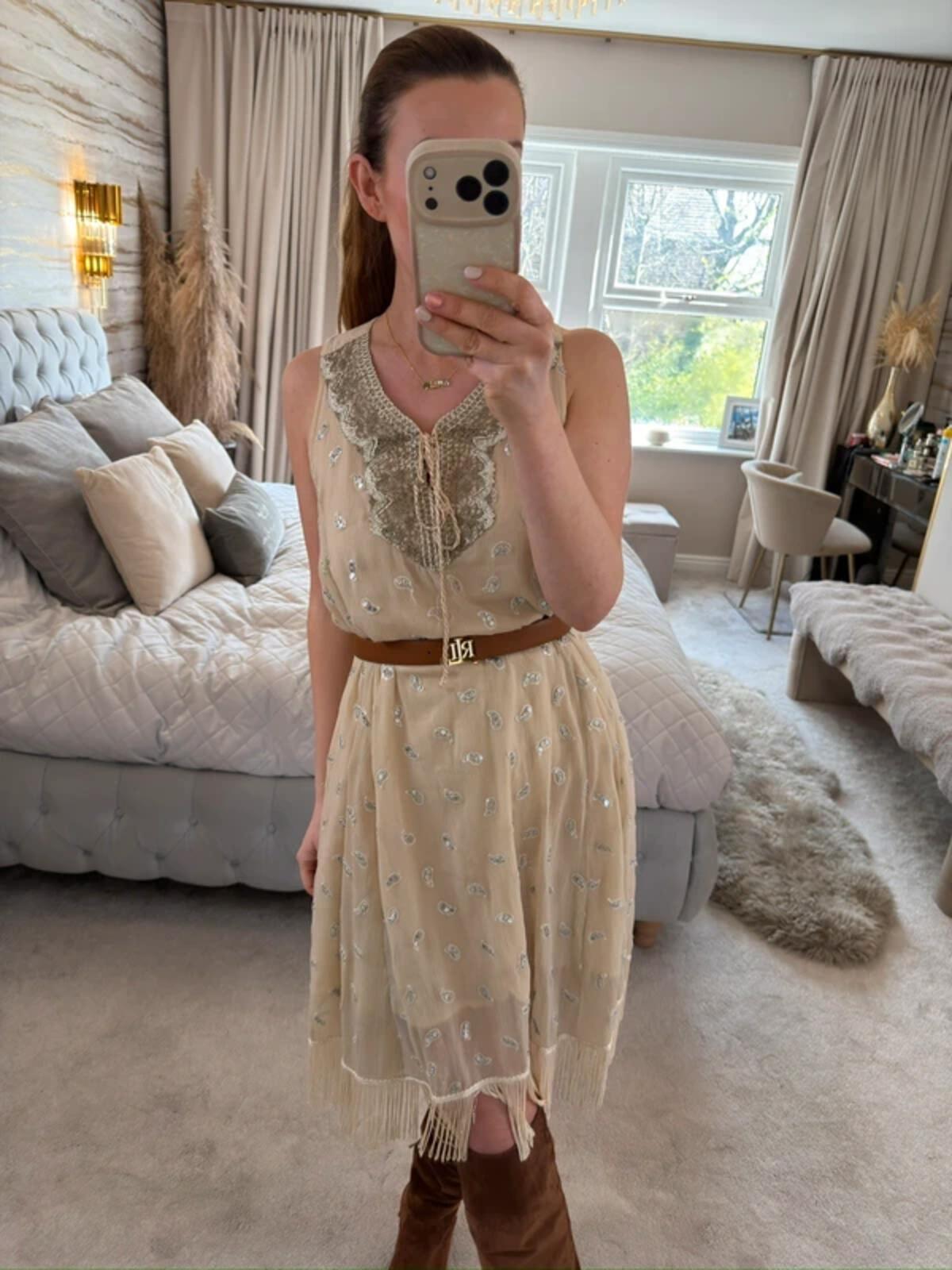 ⭐ Shilpavan Decor Exclusive Beige Boho Tassel Embellished Dress Medium