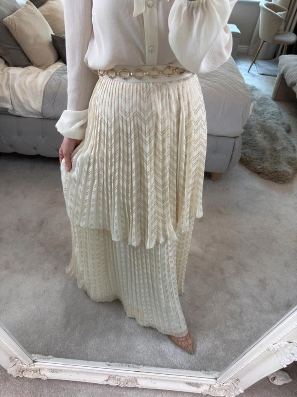 Cream & Gold Pleated Tiered Maxi Skirt XS