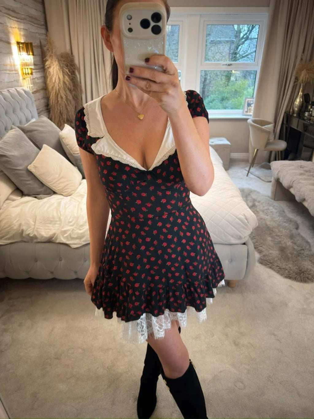 Kimchi Blue Black Rose Collared Mini Dress XS