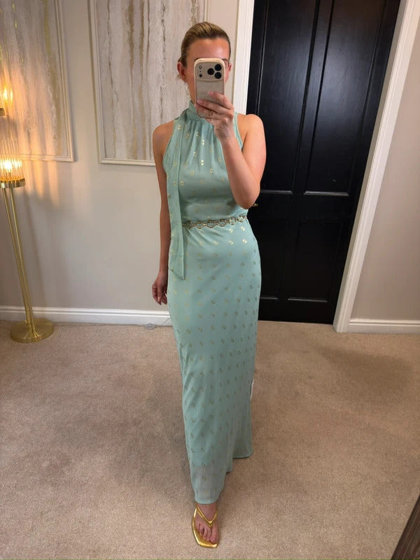 BNWT Jodie Moi Mint Green & Gold Tie Neck Maxi 10