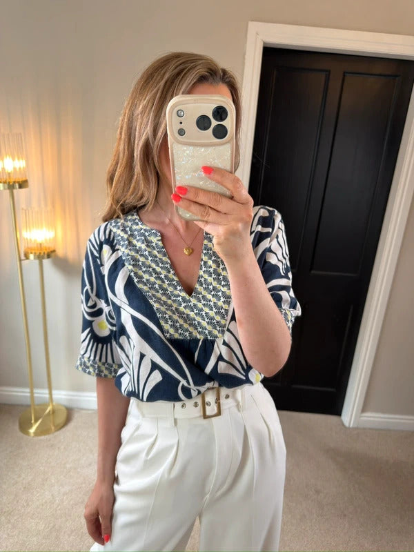 White Stuff Navy Linen Blend Floral Blouse 12