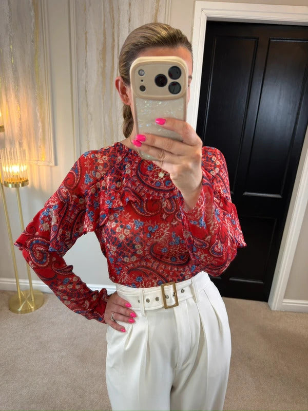 Papaya Red & Blue Sheer Paisley Frill Blouse 10