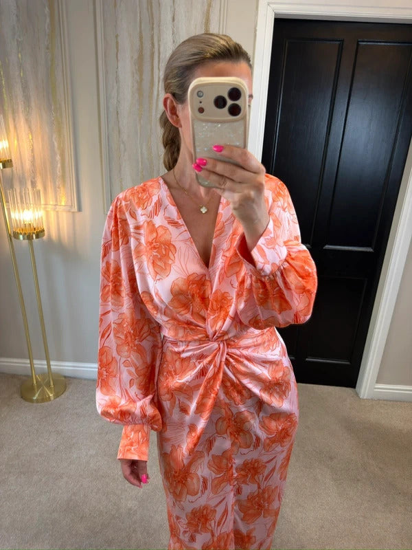 River Island Pink Floral Satin Knot Midi Dress 12