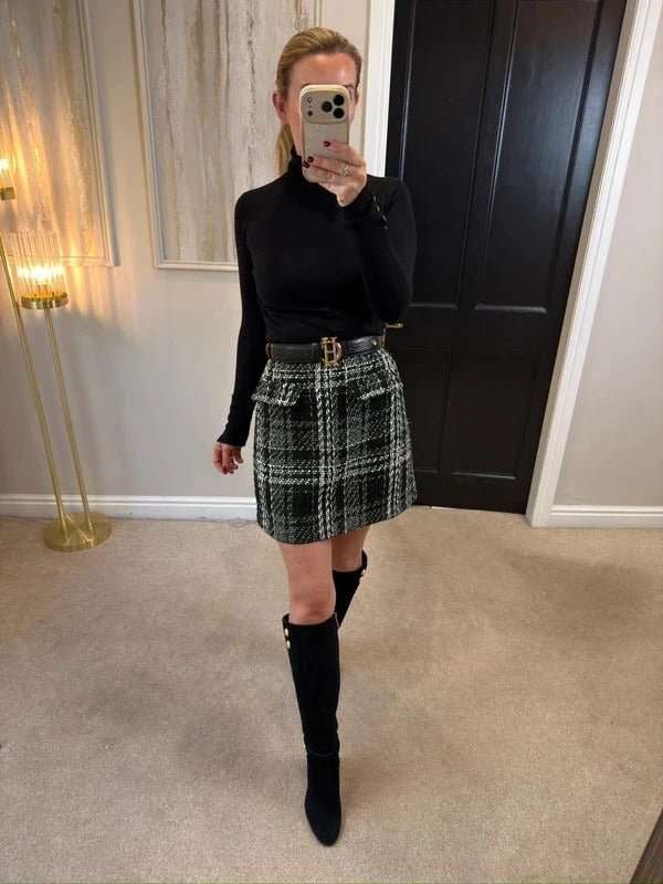 Warehouse Black & White Metallic Tweed Mini Skirt 12