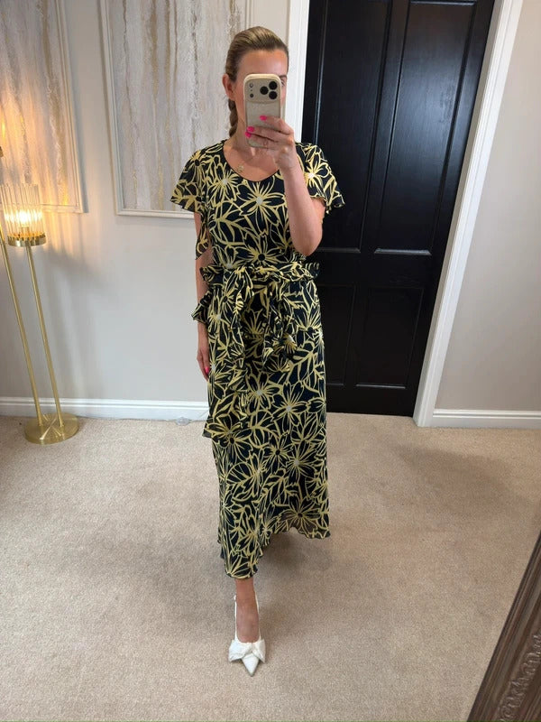 Vintage Roman Black & Butter Yellow Floral Frill Dress