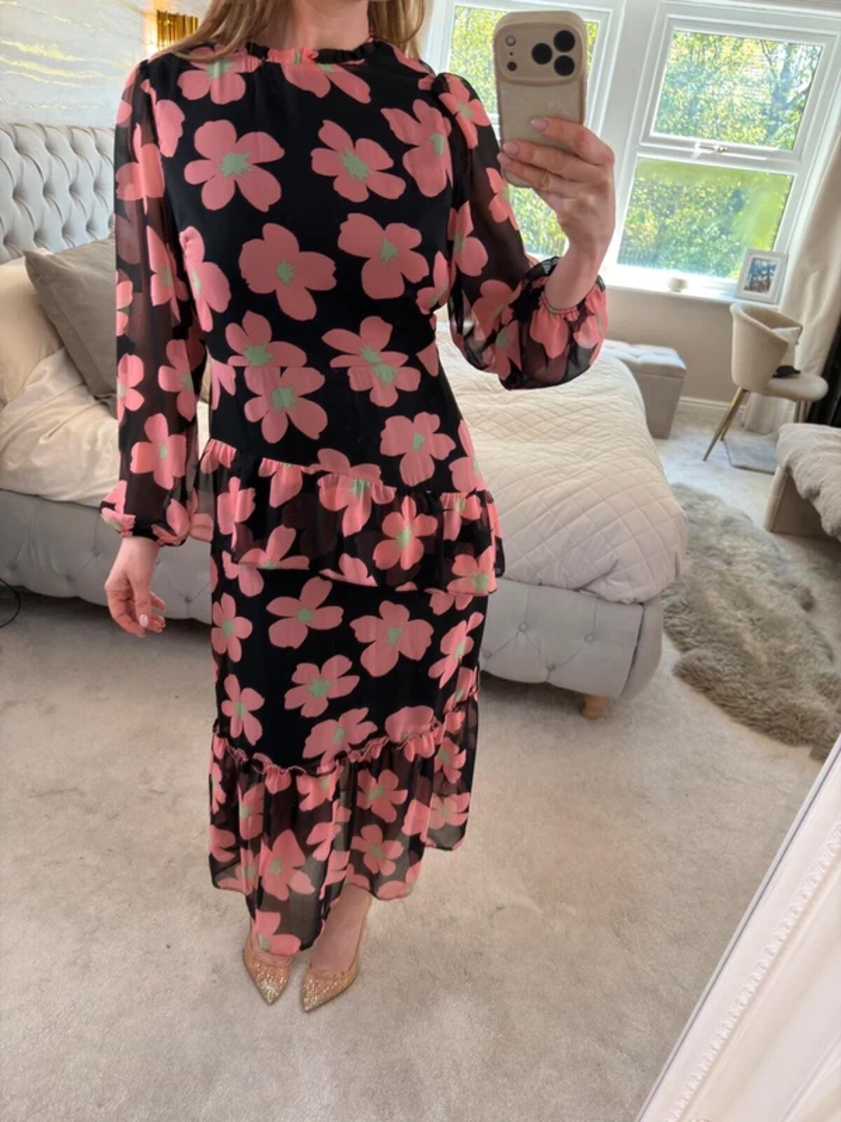Miss Selfridge Black Floral Frill Tiered Midi Dress 10/12
