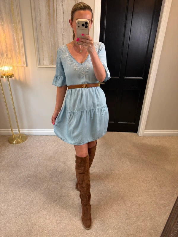 Accessorize XS Light Denim Embroidered Boho Mini Dress XS