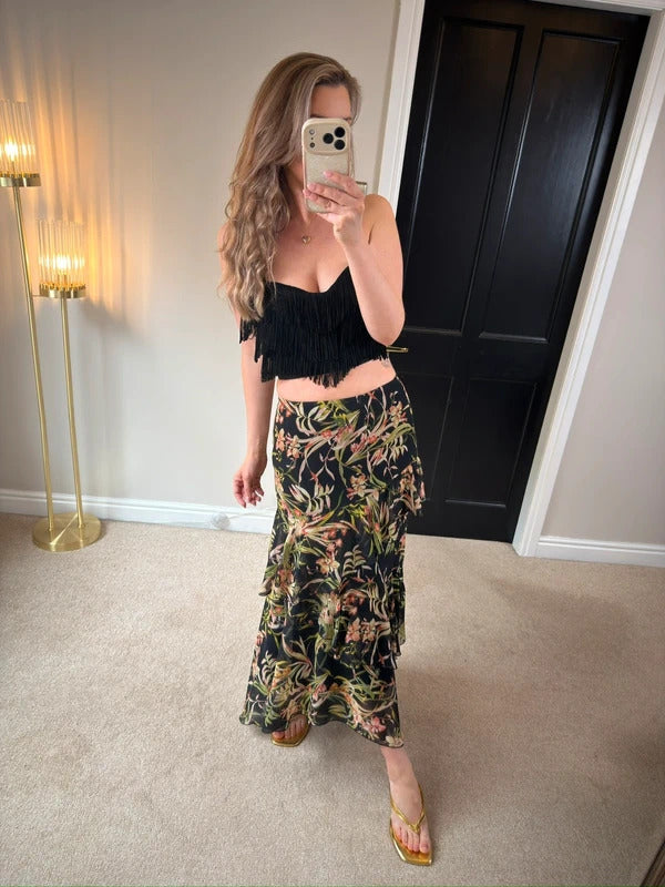 M&S Black Floral Tiered Maxi Skirt 10