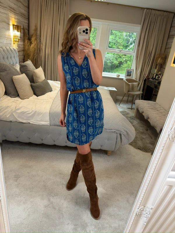 Beach Lunch Lounge Blue Tassel Boho Mini Dress XS