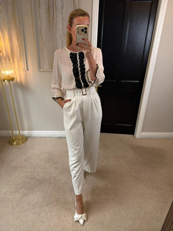 River Island Cream & Black Lace Frill Embellished Blouse 14