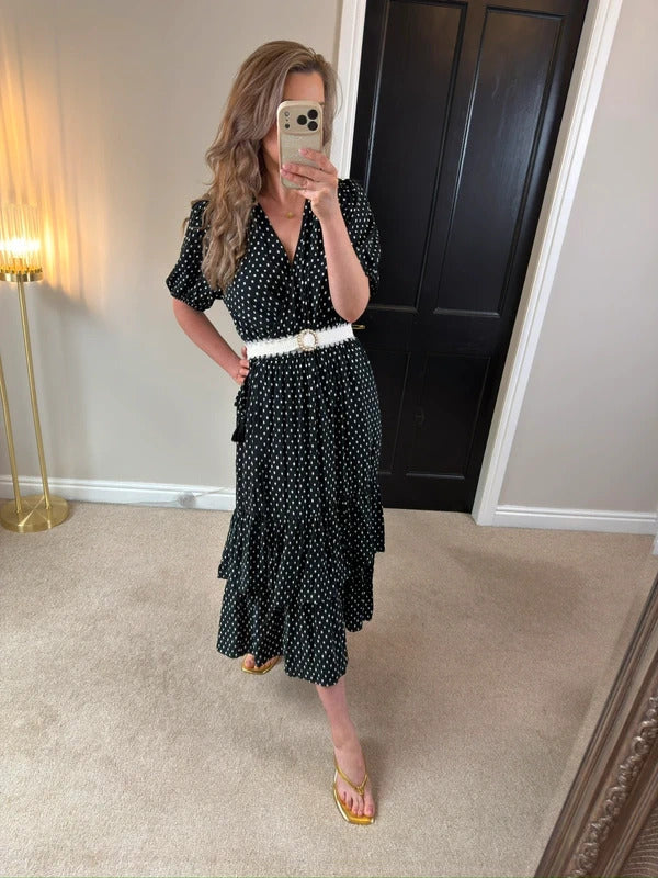 Knox Rose Black & White Tie Wrap Tiered Midi Dress Large