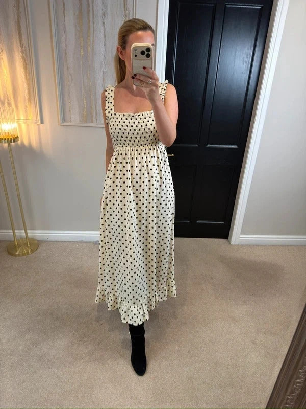 Zara Cream & Black Polka Dot Midi Dress Small