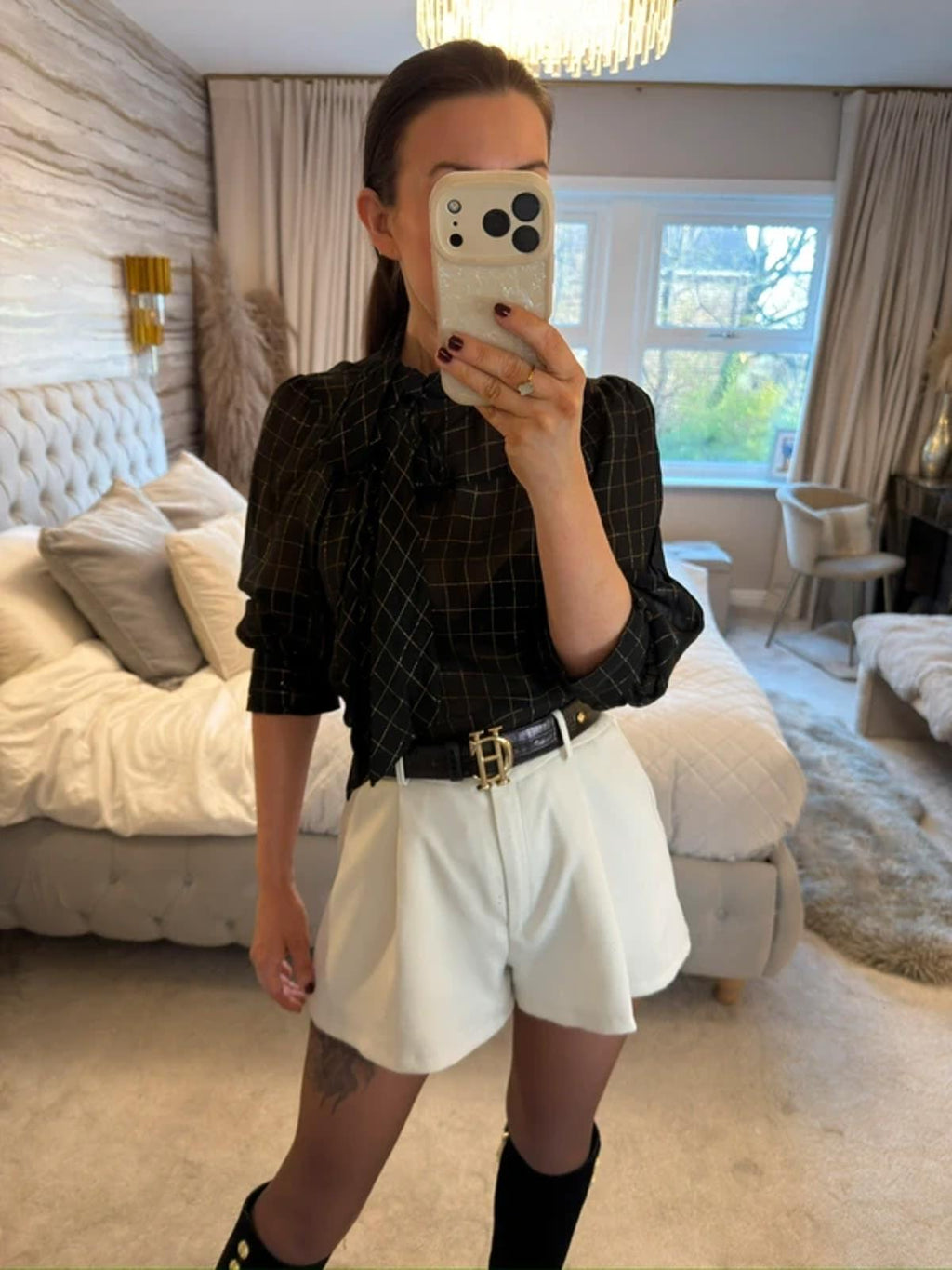 H&M Vintage Sheer Black & Gold Pussy Bow Blouse 10