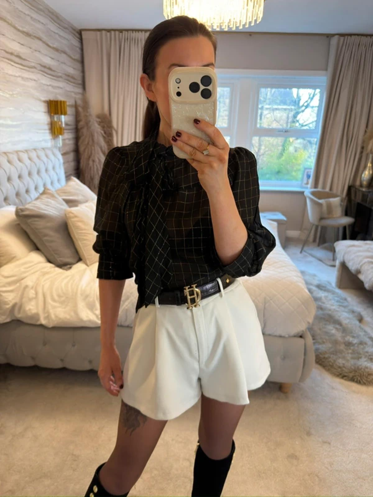 H&M Vintage Sheer Black & Gold Pussy Bow Blouse 10