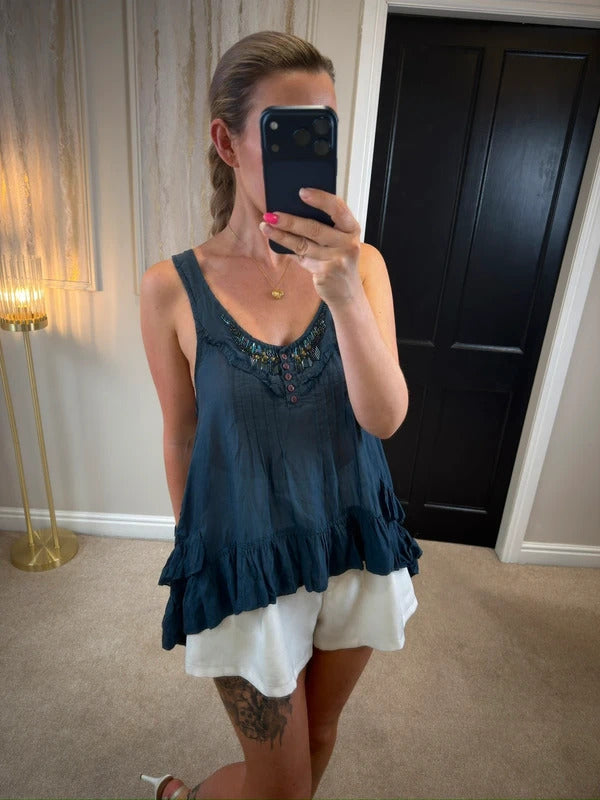 Vintage River Island Navy Boho Blouse 14