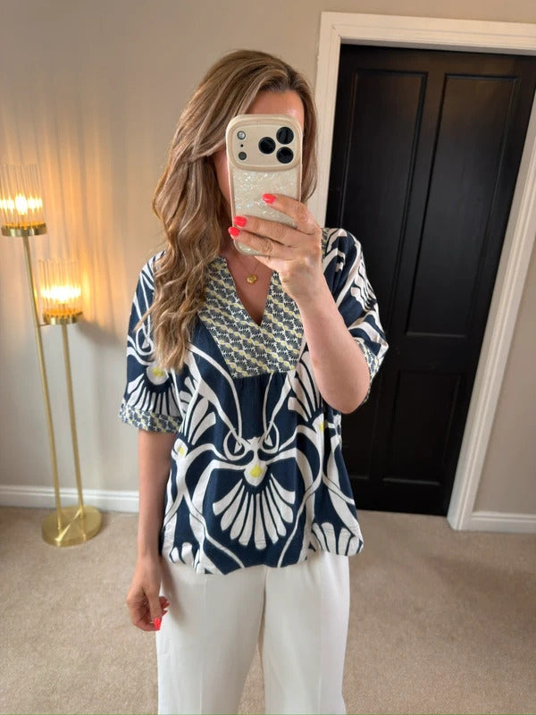 White Stuff Navy Linen Blend Floral Blouse 12