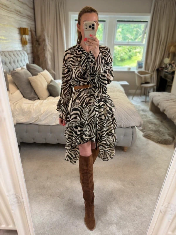 ARRI Black & Cream Sheer Dip Hem Frill Animal Print Dress 10