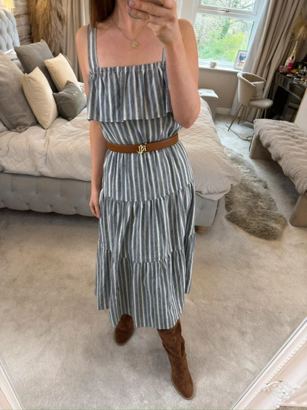 Michael Kors Stripe Tiered Linen Mix Midi Dress XS