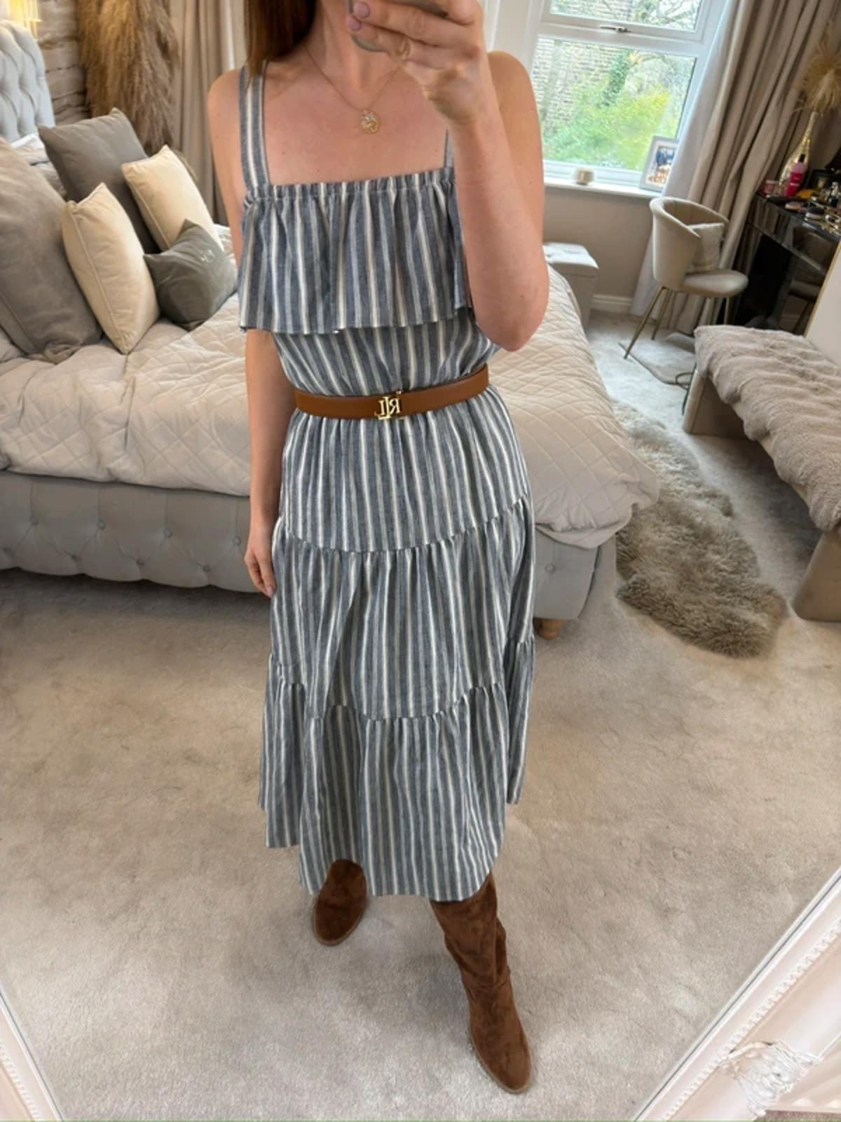 Michael Kors Stripe Tiered Linen Mix Midi Dress XS