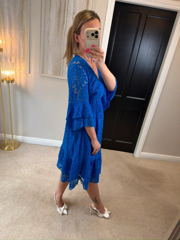 Boutique Cobalt Blue Lace Frill Dress One Size