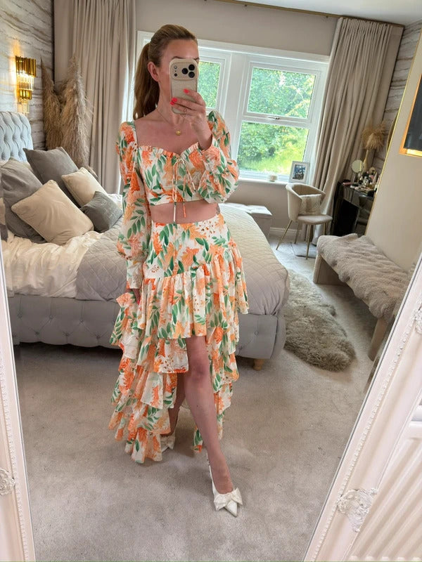 Moocci White & Orange Floral Tiered Skirt Co Ord Small