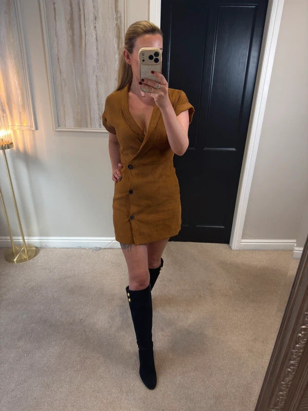 Brown Faux Suede Button Mini Dress Small