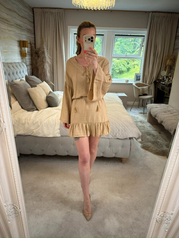 JQ By Jenerique Beige Boho Tassel Dress Large