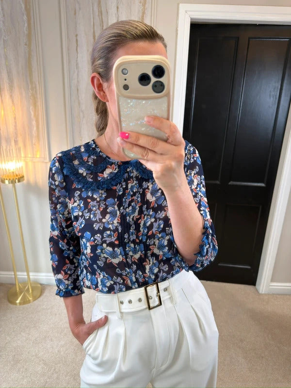 River Island Semi Sheer Blue Floral Lace Collared Blouse 12