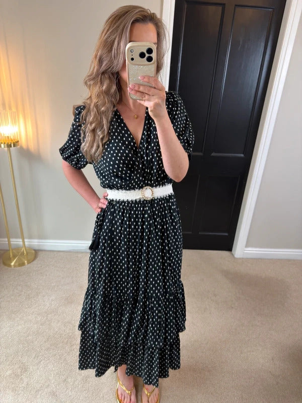 Knox Rose Black & White Tie Wrap Tiered Midi Dress Large