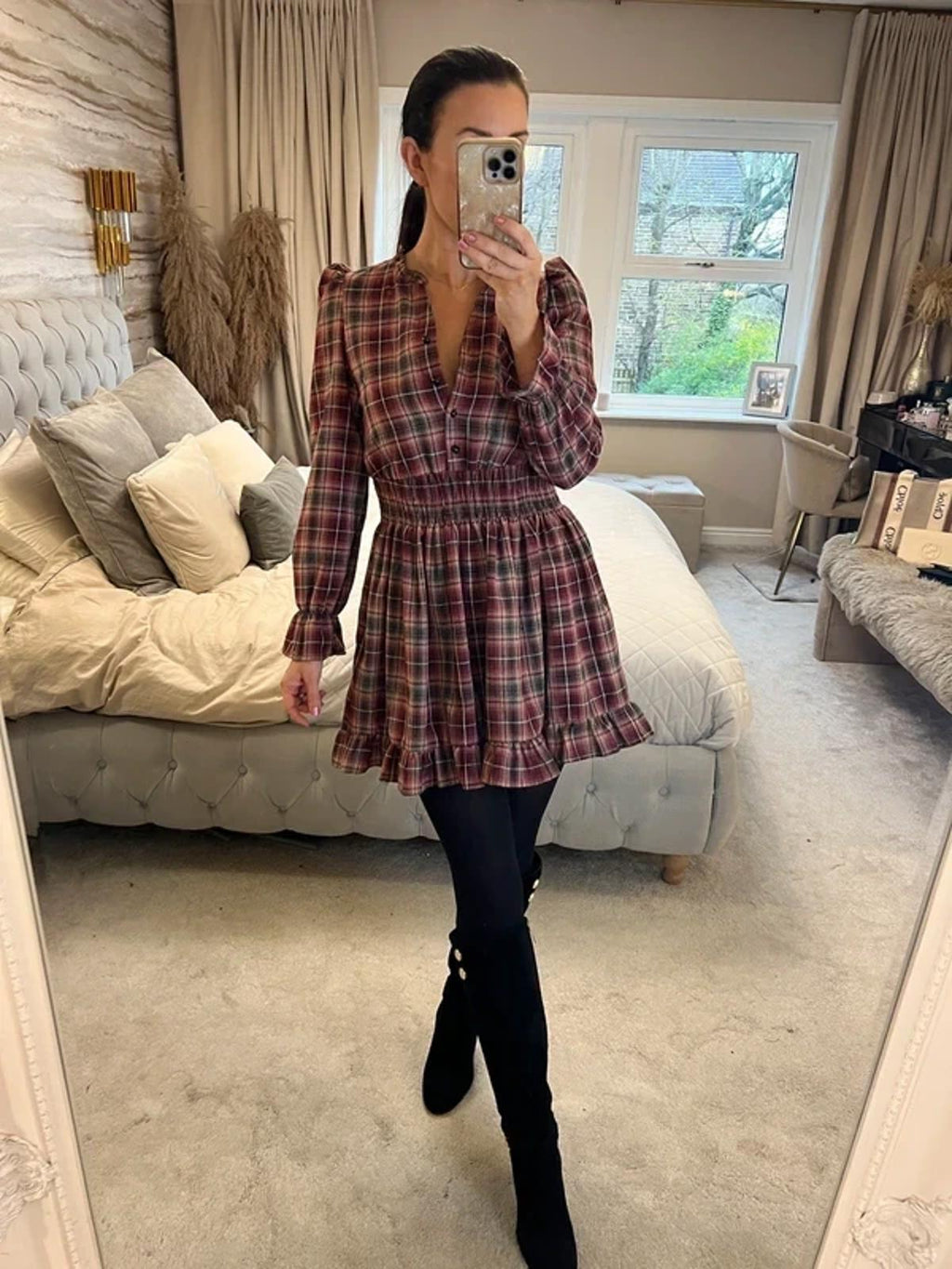 PrettyLittleThing Burgundy Tartan Mini Dress 4/6