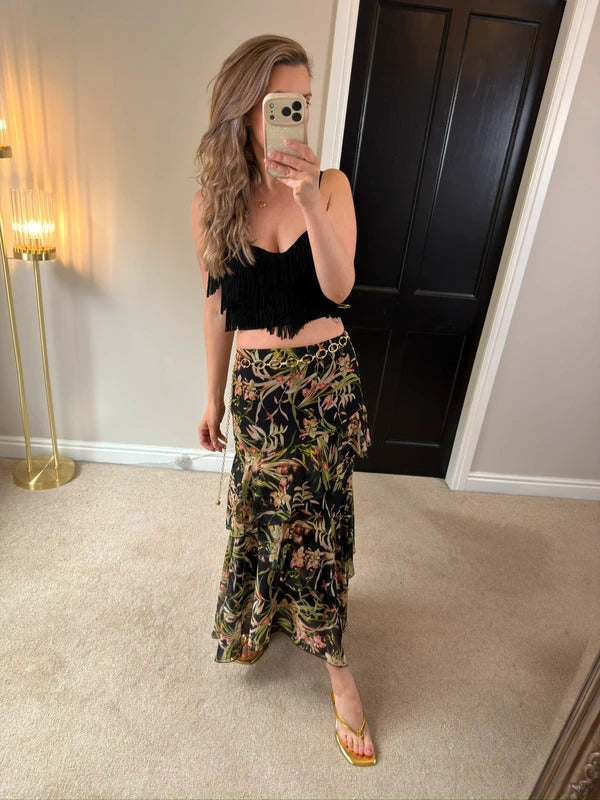 M&S Black Floral Tiered Maxi Skirt 10