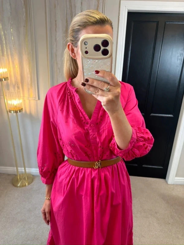 M&S Pink Broderie Anglaise Midi Dress 14