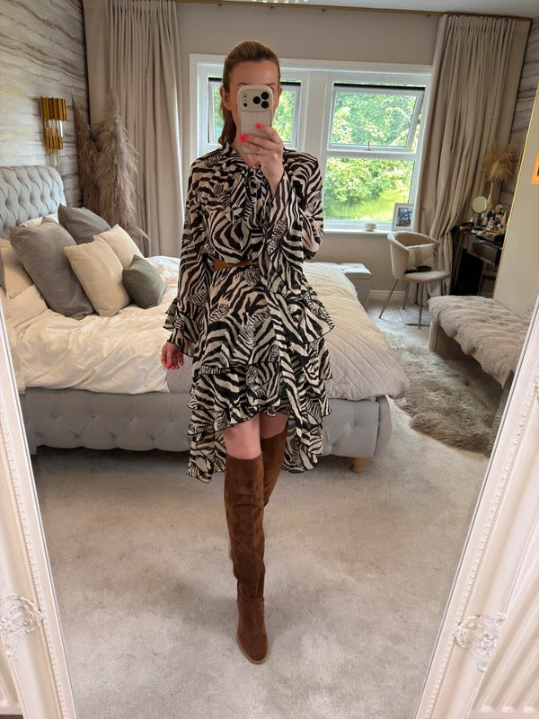 ARRI Black & Cream Sheer Dip Hem Frill Animal Print Dress 10