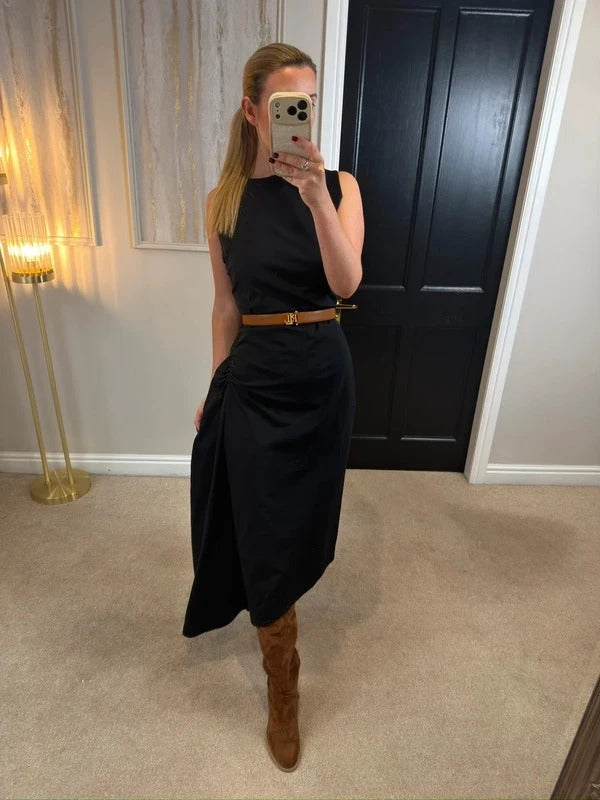 Cos Black Asymmetrical Ruched Dress Medium