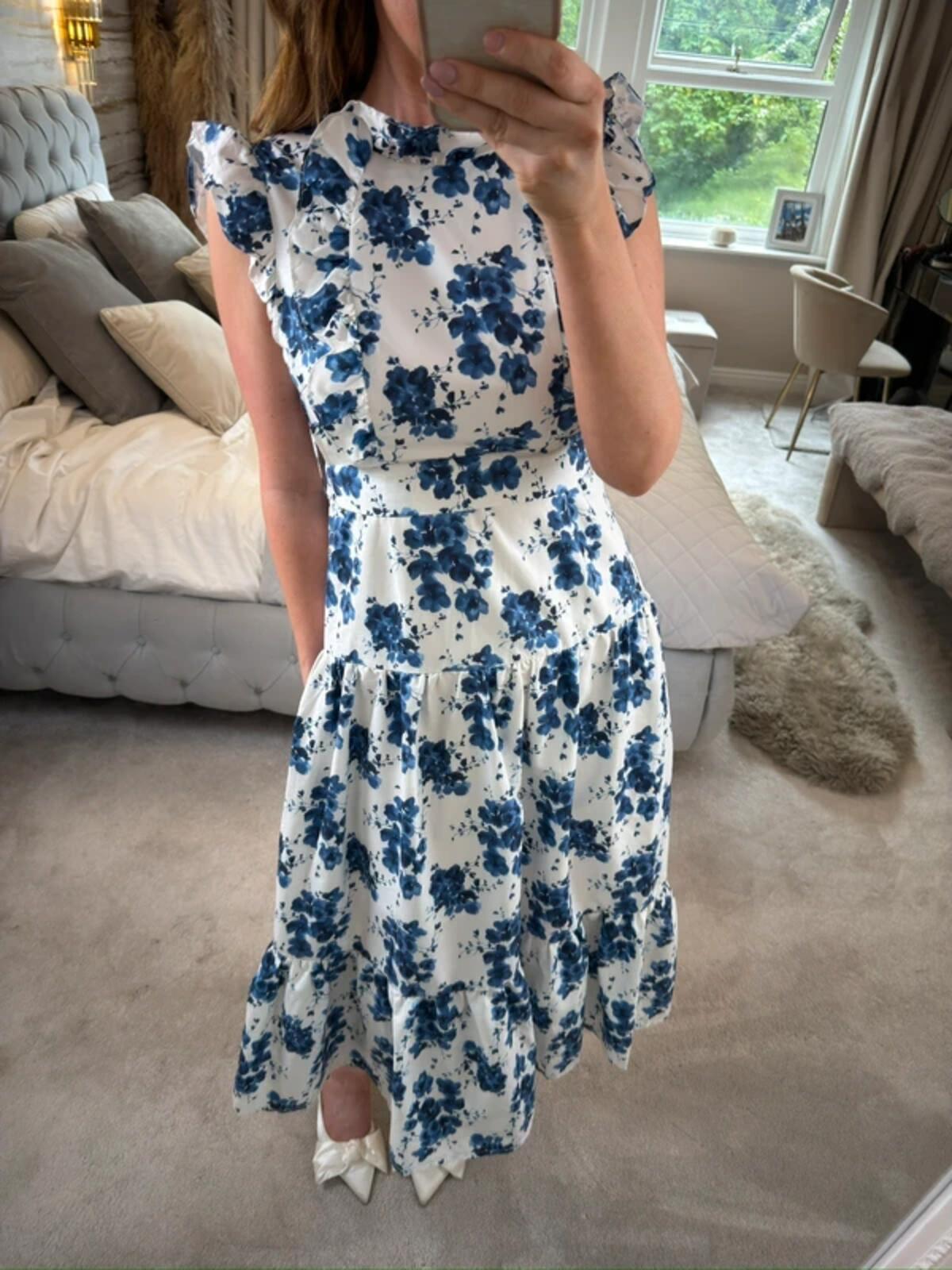 Anne Louise Boutique Gardenia White & Navy Floral Midi Dress 8